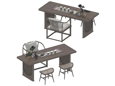 Traditional Chinese Wooden Tea Table With Matching Chairs And Tea Sets 3d model