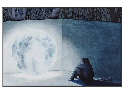 Silhouette of a Person Sitting in Corner With Bright Full Moon and Trees 3d model