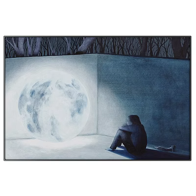 Silhouette of a Person Sitting in Corner With Bright Full Moon and Trees 3d model
