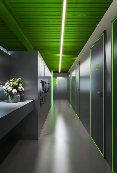 Modern Public Restroom Interior With Green Ceiling Gray Stalls Green Line Accents And Vase Flowers 3d model