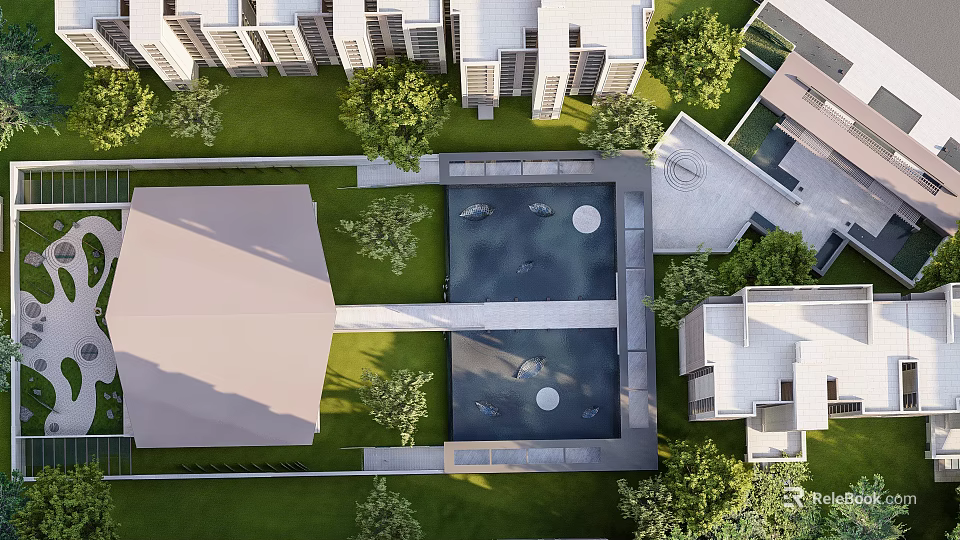 Modern Garden Landscape Design With Green Lawns Trees Water Features And Surrounding Buildings 3d model 