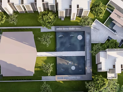 Modern Garden Landscape Design With Green Lawns Trees Water Features And Surrounding Buildings 3d model