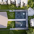 Modern Garden Landscape Design With Green Lawns Trees Water Features And Surrounding Buildings