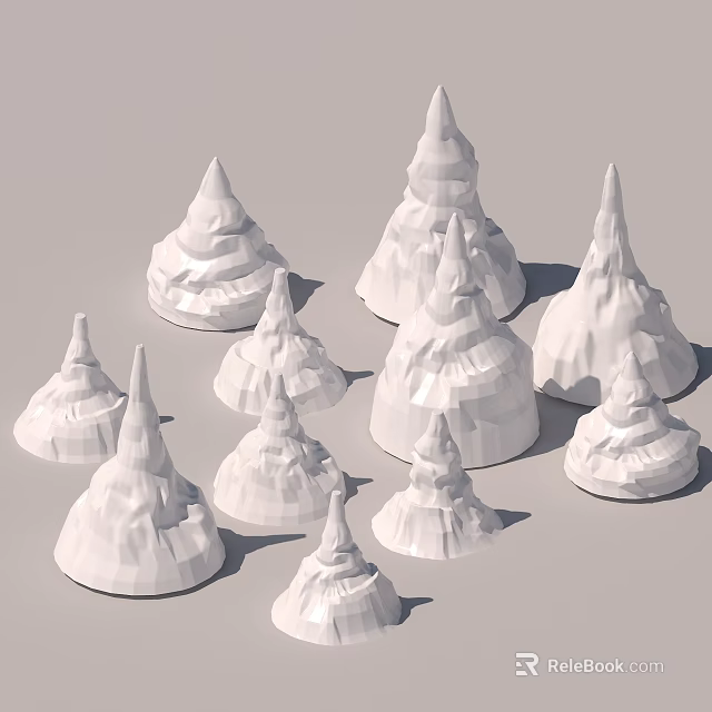 Multiple White Stone Cone Shaped Objects With Layered Texture In Low Poly Style 3d model 