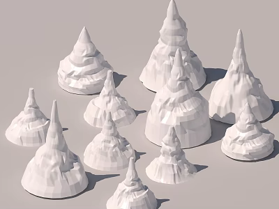 Multiple White Stone Cone Shaped Objects With Layered Texture In Low Poly Style 3d model