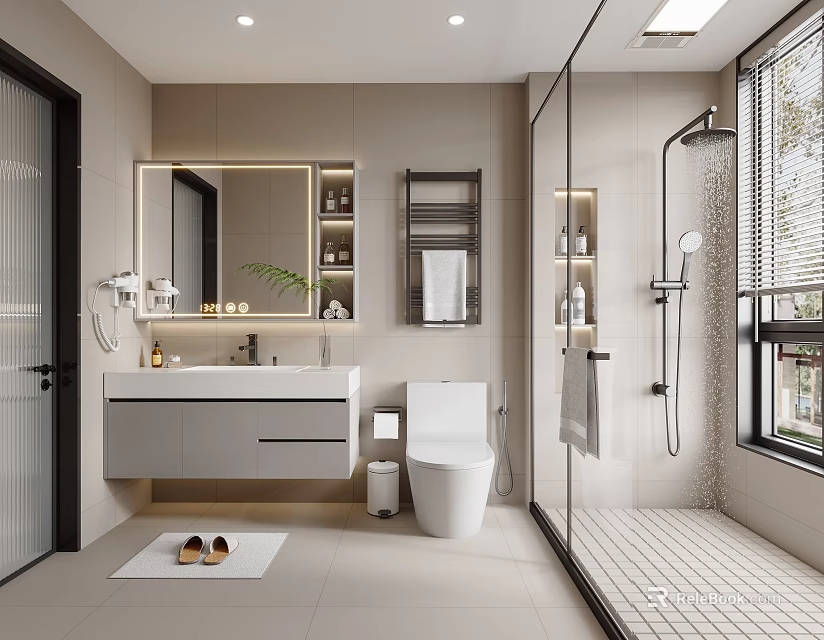 Modern Bathroom Interior Design With Sink Mirror Cabinet Toilet And Glass Shower 3d model 
