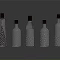 Five Transparent Glass Bottles With Red Caps And Various Shapes On Reflective Surface