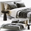 Modern Double Bed With Gray Pillows Light Bed Sheet And Black Nightstand 3d model