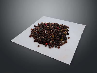 Heap of Whole Black Peppercorns Placed On White Paper Against Gray Background 3d model