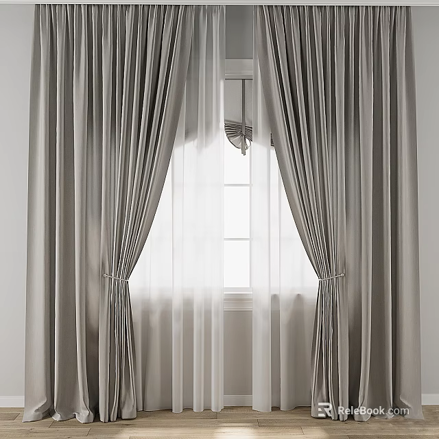 Elegant Silver Gray Curtains With Sheer Panels And Window Natural Light 3d model 