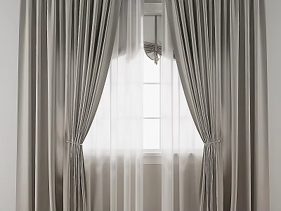 Elegant Silver Gray Curtains With Sheer Panels And Window Natural Light 3d model