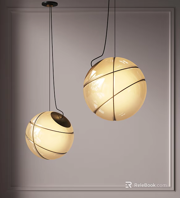 Modern Spherical Pendant Lights With Cross Line Design In Cream Glass Finish 3d model 