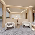 SPA Sauna Lobby Interior With Marble Reception Desk Red Beige Shelves And Green Plant