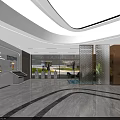 Modern Reception Lobby With Circular White Lighting Marble Floor Wooden Walls And Front Desk