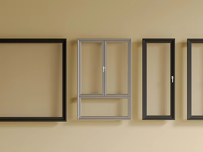 Modern Casement Windows with Black and Silver Frames on Beige Wall 3d model