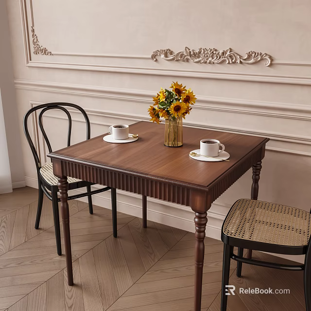 Wooden Dining Table And Chairs With Sunflower Vase White Cups On Decorative Wall Wooden Floor 3d model 