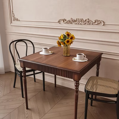 Wooden Dining Table And Chairs With Sunflower Vase White Cups On Decorative Wall Wooden Floor 3d model