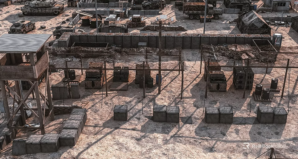 Construction Site With Stacked Blocks Wooden Planks And Metal Frames On Sand Ground 3d model 