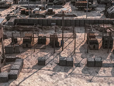 Construction Site With Stacked Blocks Wooden Planks And Metal Frames On Sand Ground 3d model