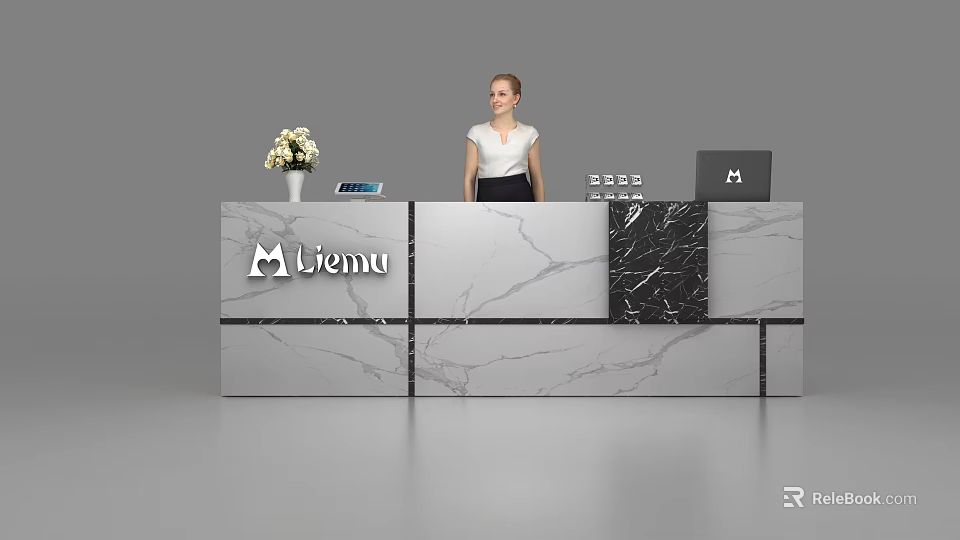 Modern Marble Texture Reception Desk With Liemu Logo Flower Vase Tablet And Laptop 3d model 