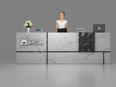 Modern Marble Texture Reception Desk With Liemu Logo Flower Vase Tablet And Laptop 3d model