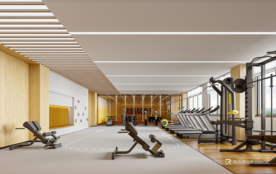 Modern Spacious Fitness Gym With Treadmills Dumbbells And Exercise Equipment 3d model 