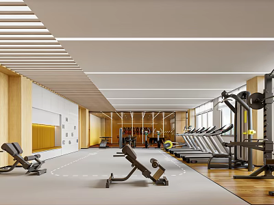 Modern Spacious Fitness Gym With Treadmills Dumbbells And Exercise Equipment 3d model
