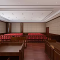 Courtroom Interior With Red Seats Wooden Flooring Judge's Bench Badge On Wall And Side Screens