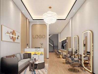Elegant Modern Beauty Hair Salon Interior With Reception Sofa Chandelier And Mirrors 3d model