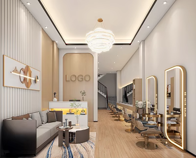 Elegant Modern Beauty Hair Salon Interior With Reception Sofa Chandelier And Mirrors 3d model