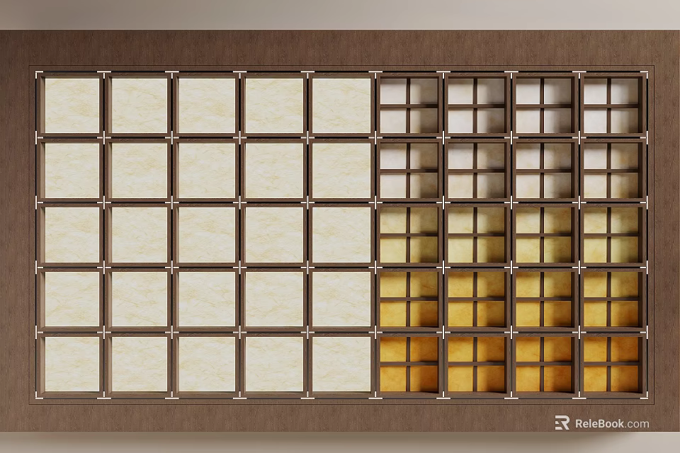 Modern Ceiling Design With Square Grid Panels And Warm Yellow Lighting 3d model