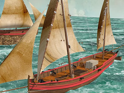 Traditional Wooden Sailboat With Beige Sails Sailing On The Sea With Red Hull 3d model