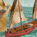 Traditional Wooden Sailboat With Beige Sails Sailing On The Sea With Red Hull