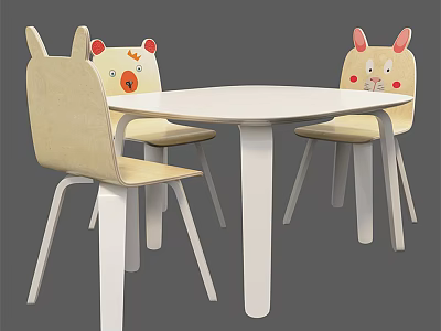 Round White Kids Table with Cartoon Animal Back Chairs Beige Seats and White Legs 3d model