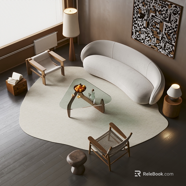 Modern Light Curved Sofa and Glass Top Coffee Table Set with Wooden Chairs Round Rug 3d model 