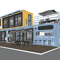 Colorful Shipping Container Building Café With Outdoor Seating Umbrellas And Bicycle Design