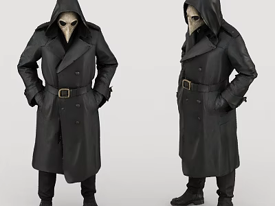 Person In Black Hooded Coat With Mask And Belt Standing Pose 3d model