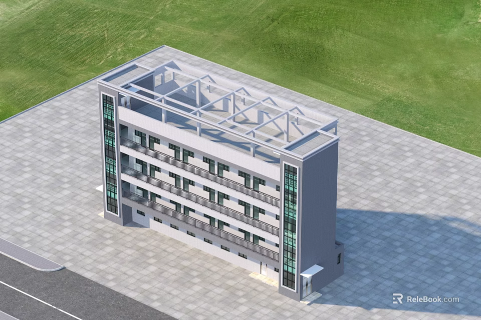 Multi Storey Residential Building With Glass Windows Green Lawn And Paved Ground 3d model 