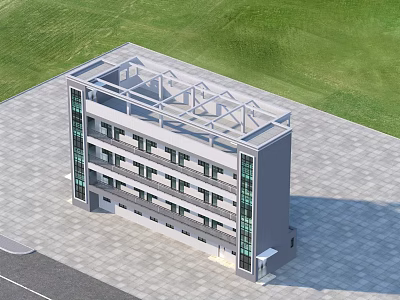 Multi Storey Residential Building With Glass Windows Green Lawn And Paved Ground 3d model