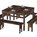 Wooden Square Dining Table Set With Benches And Plates On Top 3d model