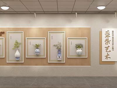 Blue Dye Art Display With Framed Vases And Green Plants On Light Wall 3d model