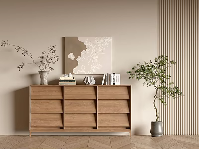 Wooden Entryway Console Table With Vase Books Decor Potted Plant Beige Wall Herringbone Floor 3d model