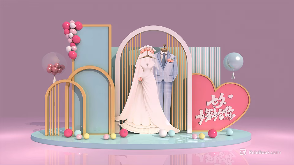 Wedding Display With Bridal Gown Suit Heart Decoration And Balloons On Pink Blue Background 3d model 