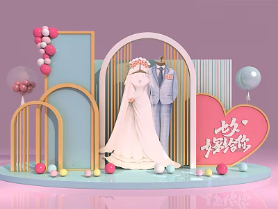 Wedding Display With Bridal Gown Suit Heart Decoration And Balloons On Pink Blue Background 3d model