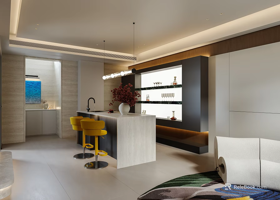 Modern Lounge With Bar Counter Yellow Stools And Wine Shelves 3d model 