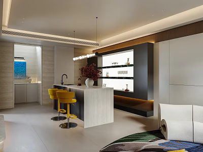 Modern Lounge With Bar Counter Yellow Stools And Wine Shelves 3d model