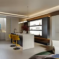Modern Lounge With Bar Counter Yellow Stools And Wine Shelves