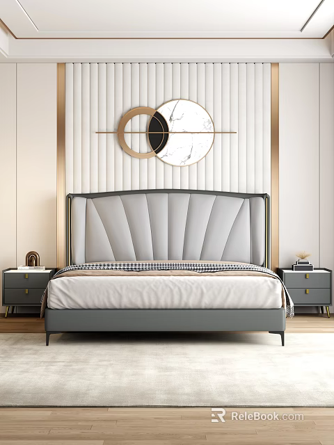Elegant Double Bed with Grey Upholstered Fan Headboard White Vertical Striped Wall and Nightstands 3d model 