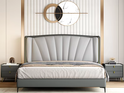 Elegant Double Bed with Grey Upholstered Fan Headboard White Vertical Striped Wall and Nightstands 3d model
