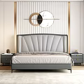 Elegant Double Bed with Grey Upholstered Fan Headboard White Vertical Striped Wall and Nightstands